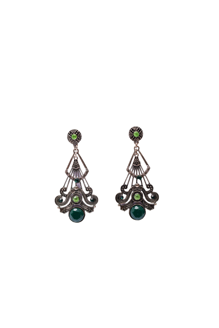 Namokriti Vintage Boho Green Stone Dangle Earrings – Antique Silver Finish for Women & Girls